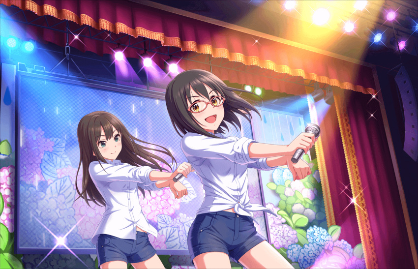 artist_request bangs black_hair blush brown_eyes brown_hair cinderella_girls_gekijou closed_mouth dancing dress_shirt etude_wa_ikkyoku_dake eyebrows_visible_through_hair glasses green_eyes idolmaster idolmaster_cinderella_girls idolmaster_cinderella_girls_starlight_stage kamijou_haruna long_hair looking_at_viewer microphone multiple_girls official_art open_mouth outstretched_arms pink-framed_eyewear shibuya_rin shirt short_hair shorts smile stage white_shirt