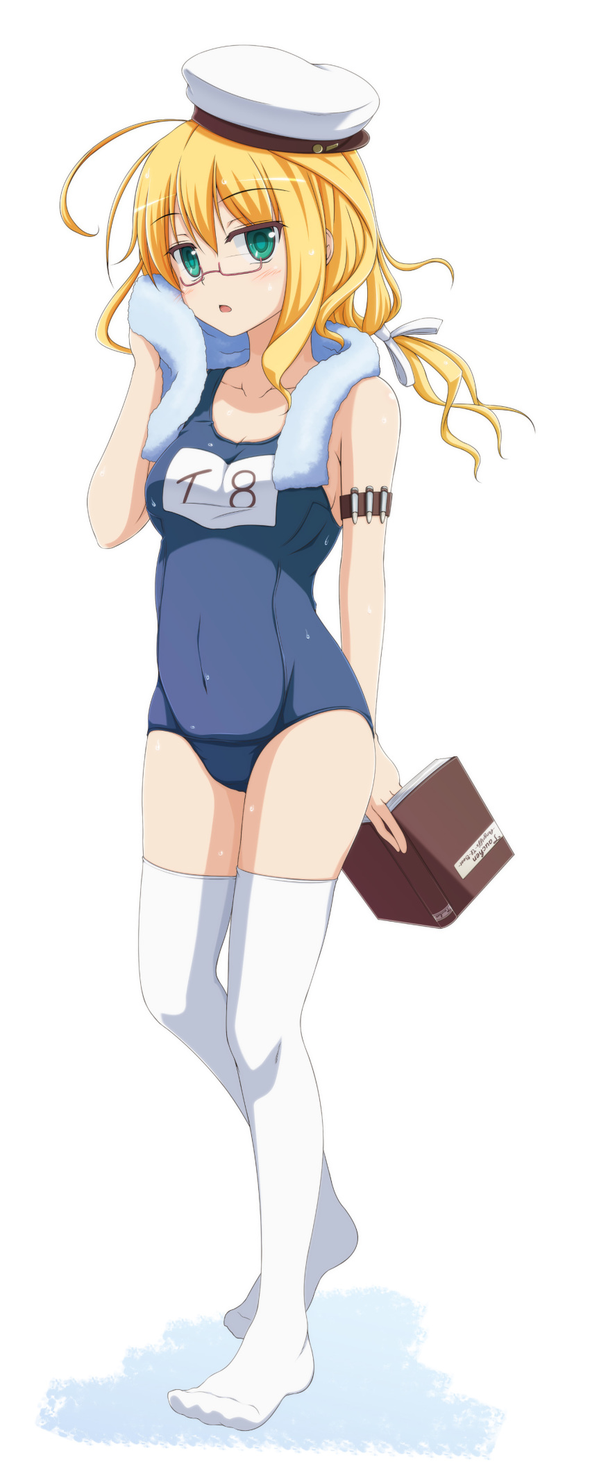 absurdres ahoge aqua_eyes armband bangs blonde_hair blush book breasts commentary_request eyebrows_visible_through_hair glasses hair_between_eyes hair_ribbon hat highres holding holding_book i-8_(kantai_collection) kantai_collection legs looking_at_viewer low_twintails name_tag one-piece_swimsuit open_mouth red-framed_eyewear ribbon sailor_hat school_swimsuit semi-rimless_eyewear shira-nyoro simple_background solo standing swimsuit thighhighs towel twintails under-rim_eyewear wet white_background