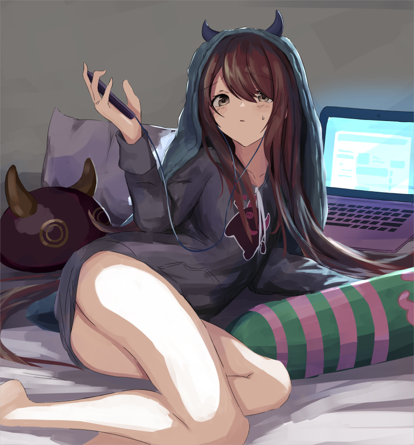arm_up ass bangs bare_legs barefoot bed_sheet black_hoodie blush brown_eyes brown_hair cellphone commentary_request computer cushion doran_(dorannomai) eyebrows_visible_through_hair glowing hair_between_eyes highres holding holding_cellphone holding_phone hood hoodie horns idolmaster idolmaster_shiny_colors laptop long_hair long_sleeves lying on_side oosaki_tenka parted_lips phone pillow solo sweat very_long_hair