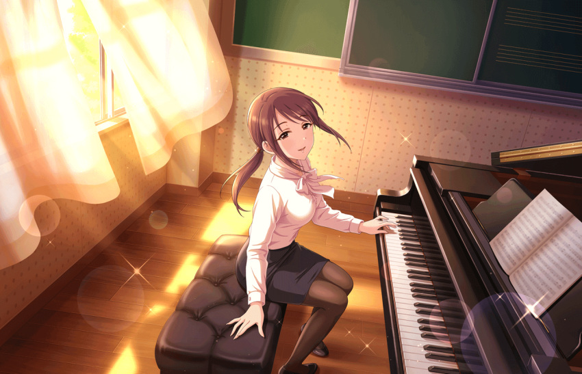 artist_request bangs black_legwear breasts brown_eyes brown_hair cinderella_girls_gekijou classroom curtains etude_wa_ikkyoku_dake eyebrows_visible_through_hair formal high_heels idolmaster idolmaster_cinderella_girls idolmaster_cinderella_girls_starlight_stage indoors instrument long_hair long_sleeves looking_at_viewer mifune_miyu music official_art pantyhose pencil_skirt piano piano_bench playing_instrument playing_piano ponytail school sheet_music shirt sitting skirt smile solo sunset white_shirt window