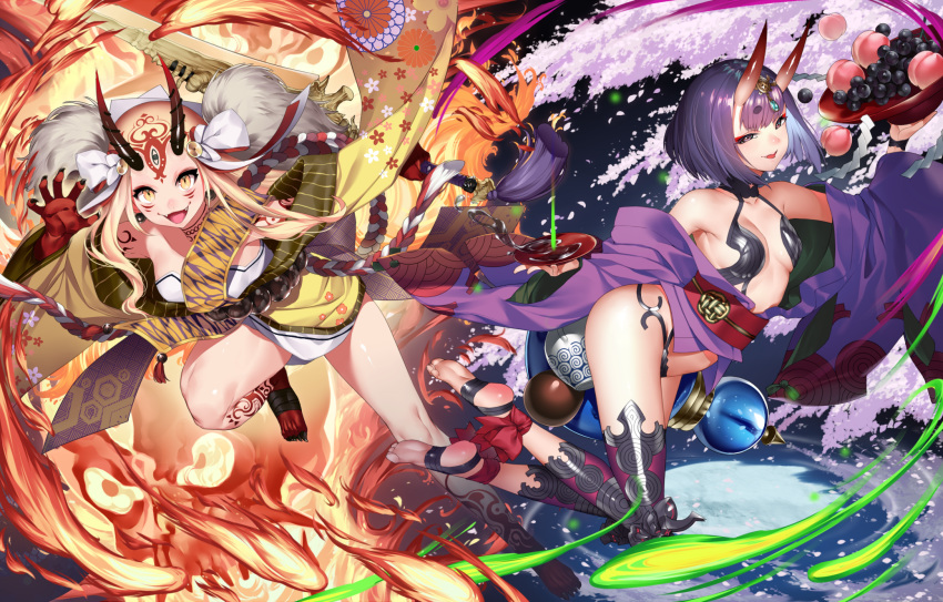 :d alcohol bangs barefoot barefoot_sandals blonde_hair blush commentary_request cup eyebrows_visible_through_hair facial_mark fangs fate/grand_order fate_(series) fingernails fire flower food forehead_mark fruit grapes hair_ornament hamada_pochiwo highres holding holding_sword holding_weapon horns ibaraki_douji_(fate/grand_order) japanese_clothes kimono long_hair long_sleeves multiple_girls off_shoulder oni oni_horns open_clothes open_kimono open_mouth parted_lips peach petals purple_eyes purple_flower purple_hair purple_kimono revealing_clothes sakazuki sake sharp_fingernails short_hair short_kimono shuten_douji_(fate/grand_order) skull smile soles sword thick_eyebrows tongue tongue_out very_long_hair weapon wide_sleeves yellow_eyes yellow_kimono