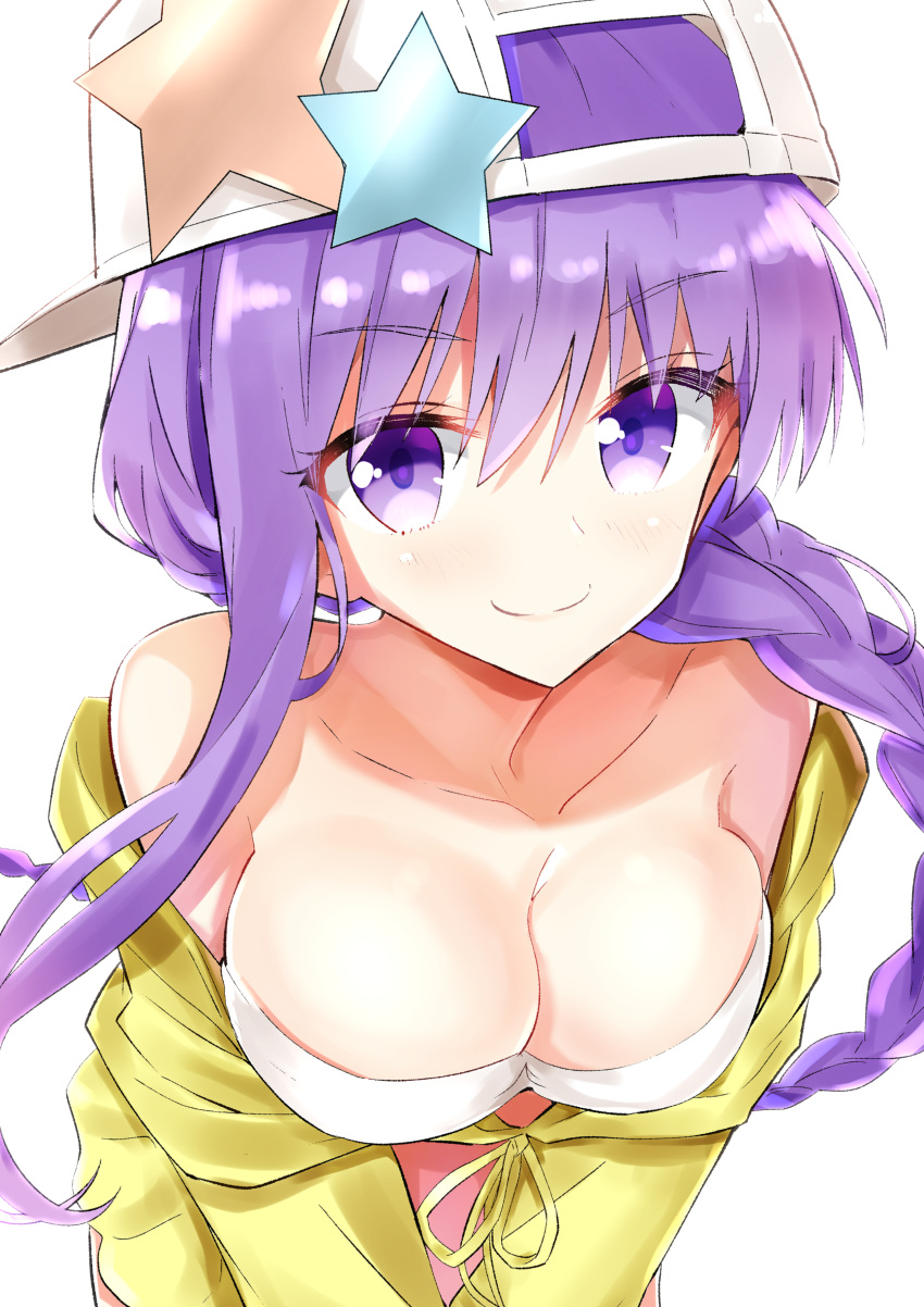absurdres backwards_hat bangs bare_shoulders baseball_cap bb_(fate)_(all) bb_(swimsuit_mooncancer)_(fate) bikini_top blush braid breasts cleavage closed_mouth collarbone commentary_request eyebrows_visible_through_hair fate/grand_order fate_(series) front-tie_top hair_between_eyes hat head_tilt highres jacket large_breasts leaning_forward long_hair looking_at_viewer nanakusa_amane off_shoulder pleated_skirt purple_eyes purple_hair simple_background single_braid skirt smile solo star v_arms very_long_hair white_background white_bikini_top white_hat yellow_jacket yellow_skirt
