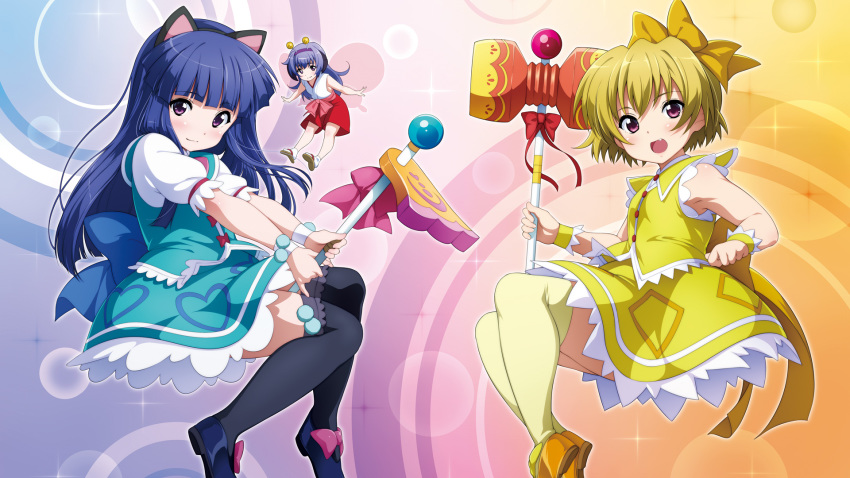 :d animal_ears black_hairband black_legwear blonde_hair blue_footwear blue_hair blue_skirt bow cat_ears fake_animal_ears fang floating_hair furude_rika hair_between_eyes hair_bow hairband hanyuu highres higurashi_no_naku_koro_ni hinamizawa_(hina-sawa) holding holding_hammer houjou_satoko long_hair looking_at_viewer magical_girl multiple_girls open_mouth outstretched_arms purple_eyes purple_hair red_shorts shirt short_hair short_sleeves shorts skirt sleeveless sleeveless_shirt smile thighhighs very_long_hair white_shirt wrist_cuffs yellow_background yellow_bow yellow_footwear yellow_skirt