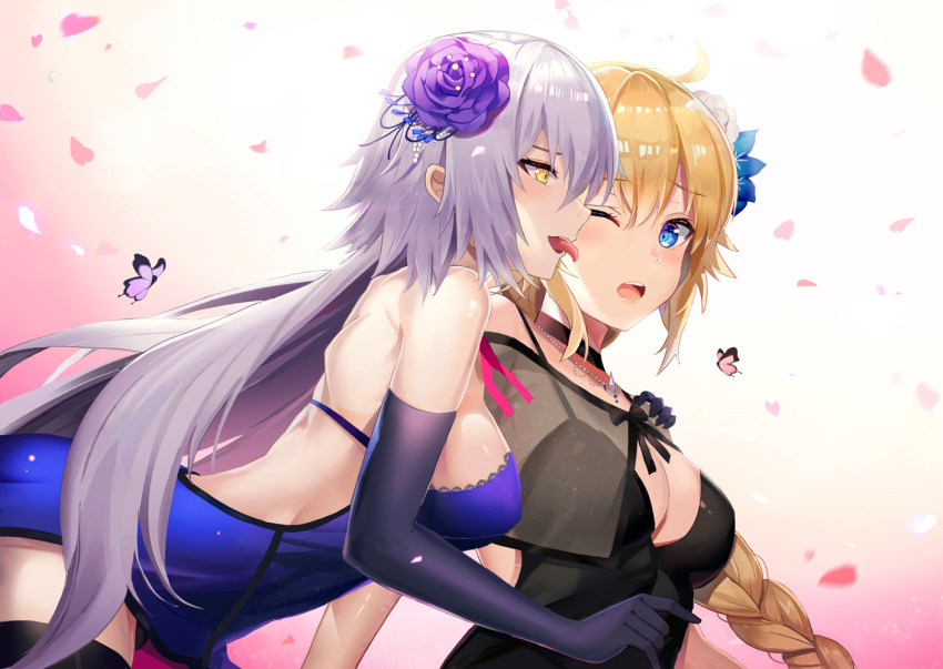 2girls :o black_dress black_legwear blonde_hair blue_dress blue_eyes blue_flower blush braid breasts bug butterfly cleavage commentary_request dress elbow_gloves face_licking fate/grand_order fate_(series) flower gloves hair_flower hair_ornament hand_on_another's_shoulder hand_on_another's_shoulder insect jeanne_d'arc_(alter)_(fate) jeanne_d'arc_(fate) jeanne_d'arc_(fate)_(all) jeanne_d'arc_(alter)_(fate) jeanne_d'arc_(fate) jeanne_d'arc_(fate)_(all) jewelry l.bou large_breasts licking long_braid long_hair multiple_girls necklace one_eye_closed petals purple_flower purple_gloves silver_hair single_braid surprised thighhighs traditional_media very_long_hair watercolor_(medium) yellow_eyes yuri