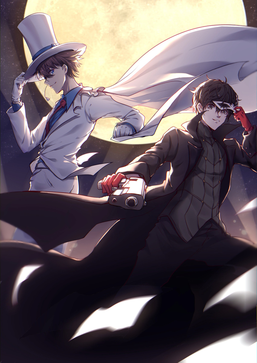 absurdres amamiya_ren black_cape black_hair black_pants blue_shirt brown_hair cape crossover full_moon gloves hat highres holding jacket kaitou_kid looking_at_viewer magic_kaito male_focus mask moon multiple_boys necktie pants parted_lips persona persona_5 red_gloves red_neckwear shirt smile white_cap white_hat white_jacket yumuto_(spring1786)