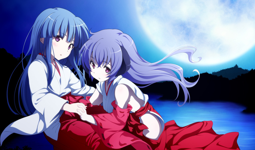 blue_hair eyebrows_visible_through_hair floating_hair full_moon furude_rika hakama hanyuu higurashi_no_naku_koro_ni hinamizawa_(hina-sawa) japanese_clothes kimono lake long_hair looking_at_viewer miko moon multiple_girls night outdoors parted_lips purple_eyes purple_hair red_hakama shiny shiny_hair very_long_hair white_kimono