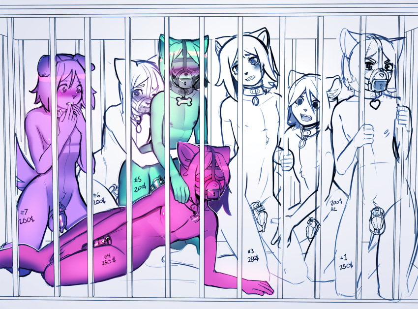 &lt;3 advertisement areola arh axle blindfold blue_hair blush cage canine cat chastity chastity_cage collar dripping elbrar feline fox gag girly hair jero_(character) kit_kalori_(character) kneeling lock male mammal nipples precum slave tears unfinished