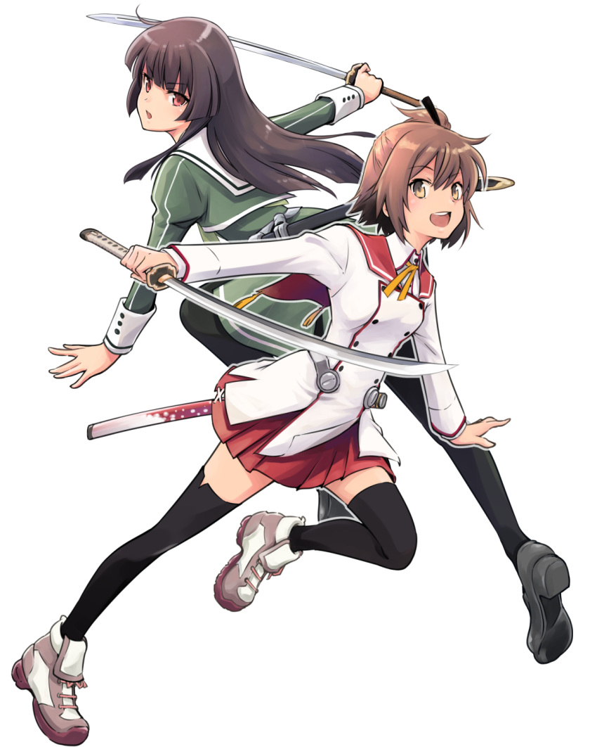 :d ankle_boots bangs black_legwear blunt_bangs boots brown_eyes brown_hair cross-laced_footwear double-breasted dress etou_kanami eyebrows_visible_through_hair from_side full_body green_dress green_neckwear grey_outline heijou_institute_school_uniform highres holding holding_sword holding_weapon juujou_hiyori lace-up_boots loafers long_hair long_sleeves looking_at_viewer looking_to_the_side minoseki_gakuin_uniform multiple_girls one_side_up open_mouth outstretched_arm pantyhose pleated_dress pleated_skirt red_eyes red_sailor_collar red_skirt ribbon round_teeth sailor_collar saitou_sakae school_uniform sheath shoes short_hair simple_background skirt smile straight-laced_footwear sword tassel teeth thighhighs toji_no_miko weapon white_background white_sailor_collar yellow_neckwear yellow_ribbon zettai_ryouiki
