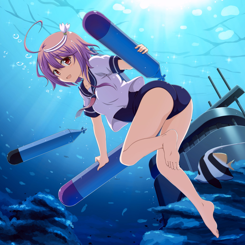 :d absurdres ahoge ass barefoot bubble commentary_request feet fish hair_ornament highres i-58_(kantai_collection) kantai_collection legs looking_at_viewer moorish_idol neckerchief one-piece_swimsuit open_mouth pink_hair red_eyes sailor_collar school_swimsuit school_uniform serafuku shira-nyoro short_hair smile soles solo swimsuit swimsuit_under_clothes torpedo underwater water