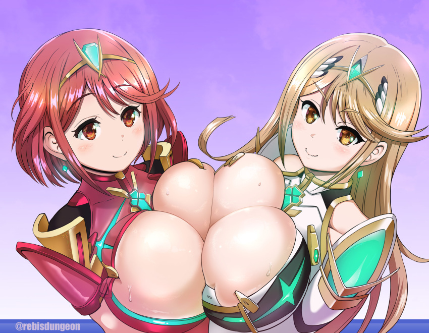 bangs blonde_hair breast_press breasts brown_eyes cleavage commentary_request earrings eyebrows_visible_through_hair highres hikari_(xenoblade_2) homura_(xenoblade_2) huge_breasts jewelry light_blush long_hair looking_at_viewer multiple_girls rebis red_eyes red_hair short_hair skindentation smile sweat swept_bangs symmetrical_docking tiara upper_body wavy_mouth xenoblade_(series) xenoblade_2