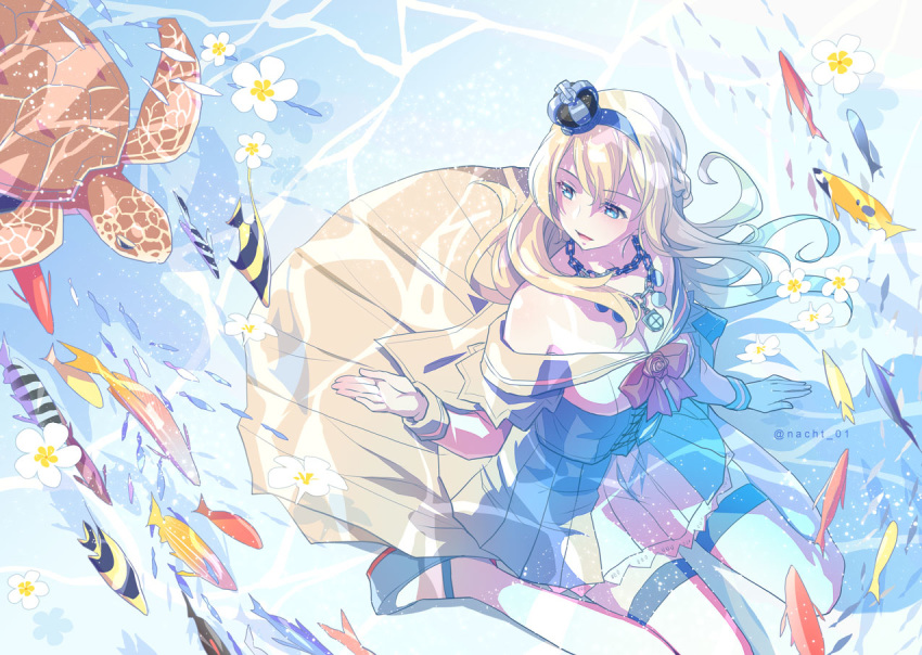 banned_artist blonde_hair blue_eyes braid chain commentary_request crown dress fish french_braid garter_straps kantai_collection long_hair looking_to_the_side mini_crown nacht off-shoulder_dress off_shoulder sea_turtle sitting solo tilted_headwear turtle twitter_username wariza warspite_(kantai_collection) white_dress