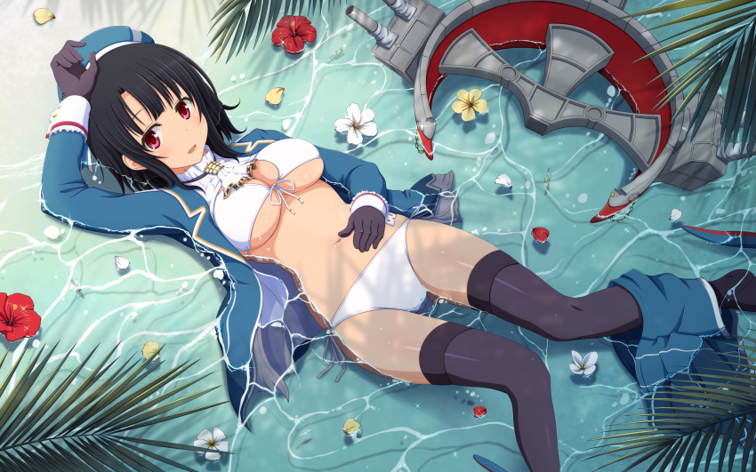 absurdres arm_up ascot beach bikini black_gloves black_hair black_legwear blush breasts cannon cleavage commentary_request cravat day flower flower_on_liquid front-tie_bikini front-tie_top gloves hand_on_own_stomach hat hibiscus highres jacket kantai_collection large_breasts long_legs looking_at_viewer lying machinery navel on_back open_clothes open_jacket outdoors palm_leaf partially_submerged petals red_eyes resized rigging ripples sand shira-nyoro short_hair side-tie_bikini skirt skirt_around_one_leg smile solo stomach swimsuit takao_(kantai_collection) thighhighs turret underboob upscaled water white_bikini