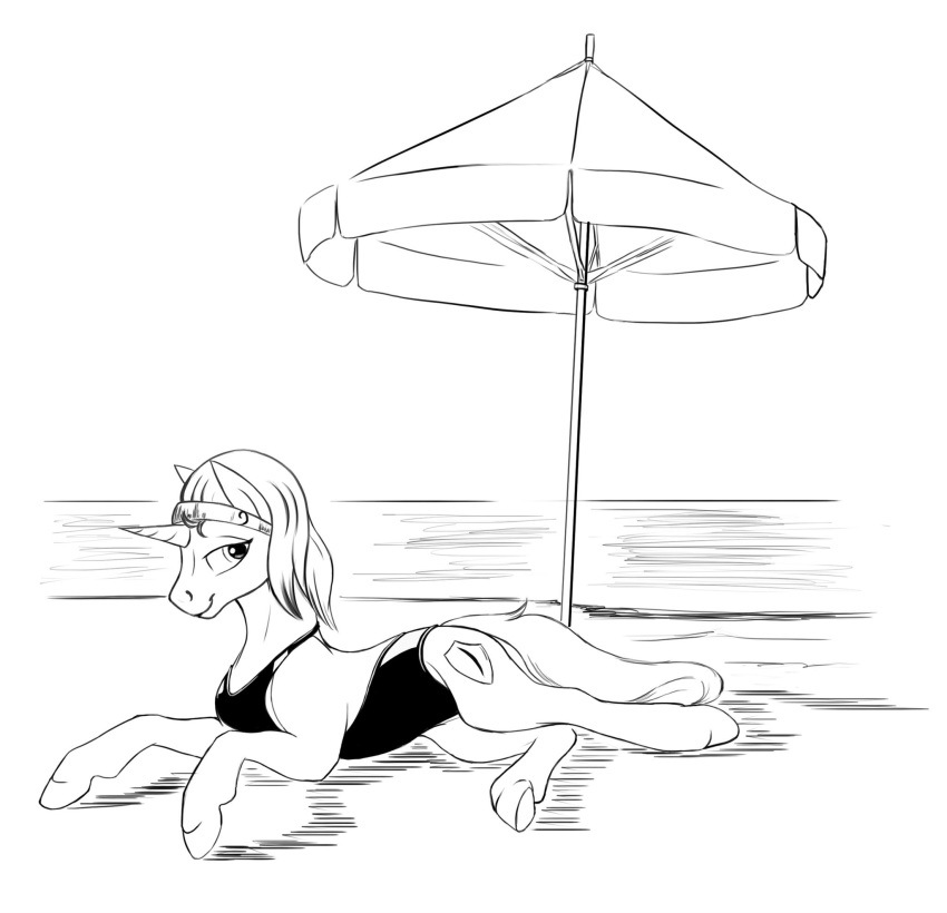 beach black_and_white clothed clothed_feral clothing equine fan_character female feral headband hooves horn horse invalid_tag kirillk mammal monochrome my_little_pony nyx_(mlp) one-piece_swimsuit pony seaside solo swimsuit umbrella unicorn