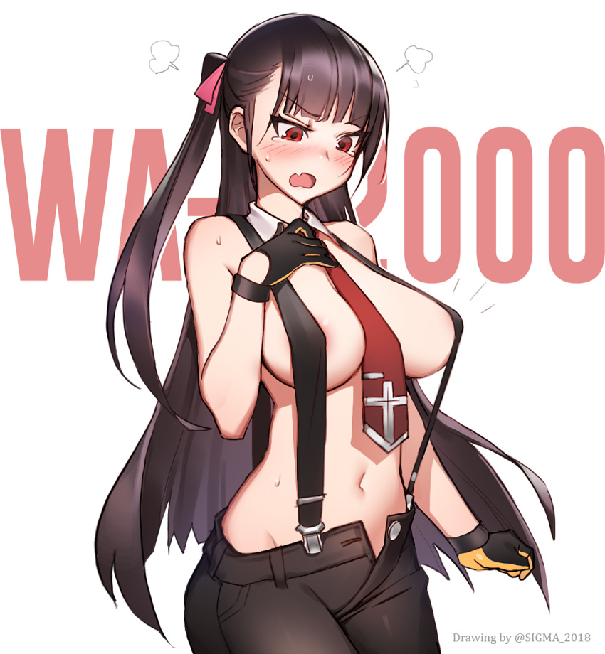 areola_slip areolae artist_name bakuretsu_hunters bangs black_gloves black_pants blush breasts character_name chocolate_misu chocolate_misu_(cosplay) commentary_request cosplay cowboy_shot detached_collar eyebrows_visible_through_hair girls_frontline gloves groin hair_ribbon half_updo hat highres korean_commentary large_breasts long_hair looking_at_viewer looking_down naked_suspenders navel necktie one_side_up open_mouth pants purple_hair red_eyes red_neckwear ribbon sidelocks sigma_2018 simple_background solo standing stomach suspenders sweat tearing_up topless tsurime twitter_username v-shaped_eyebrows very_long_hair wa2000_(girls_frontline) white_background