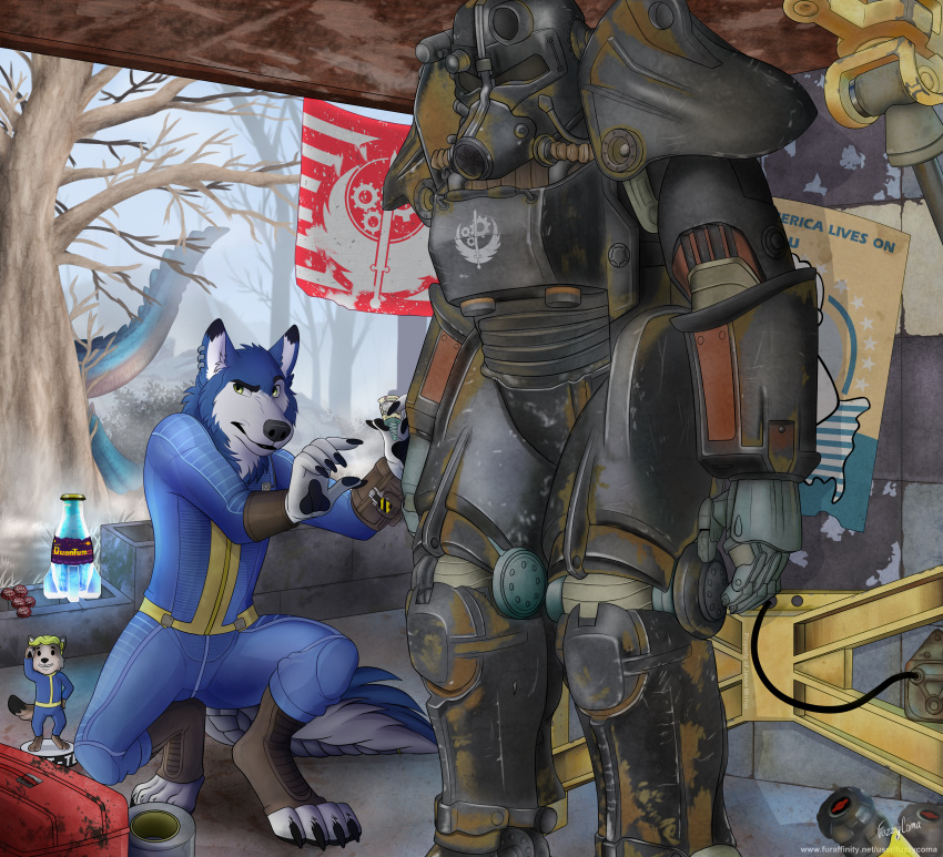 2018 anthro armor bathesda canine deathclaw digital_media_(artwork) fallout flag fuzzycoma hi_res male mammal pip-boy sebastian tools vault video_games wolf