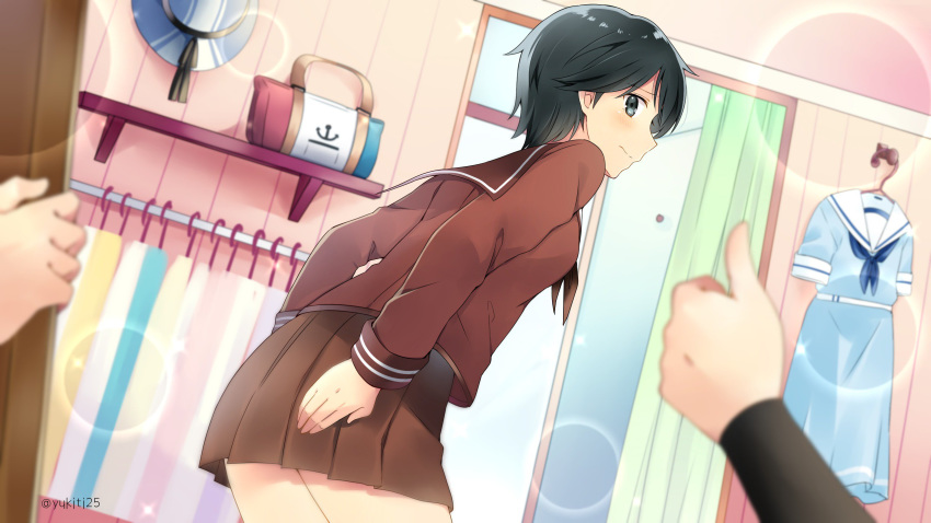 adapted_costume bag black_eyes black_hair brown_sailor_collar brown_serafuku brown_shirt brown_skirt clothes_on_wall curtains embarrassed from_behind highres kantai_collection lens_flare mogami_(kantai_collection) out_of_frame pleated_skirt pov pov_hands sailor_collar shirt short_hair skirt solo_focus thumbs_up yukichi_(eikichi)