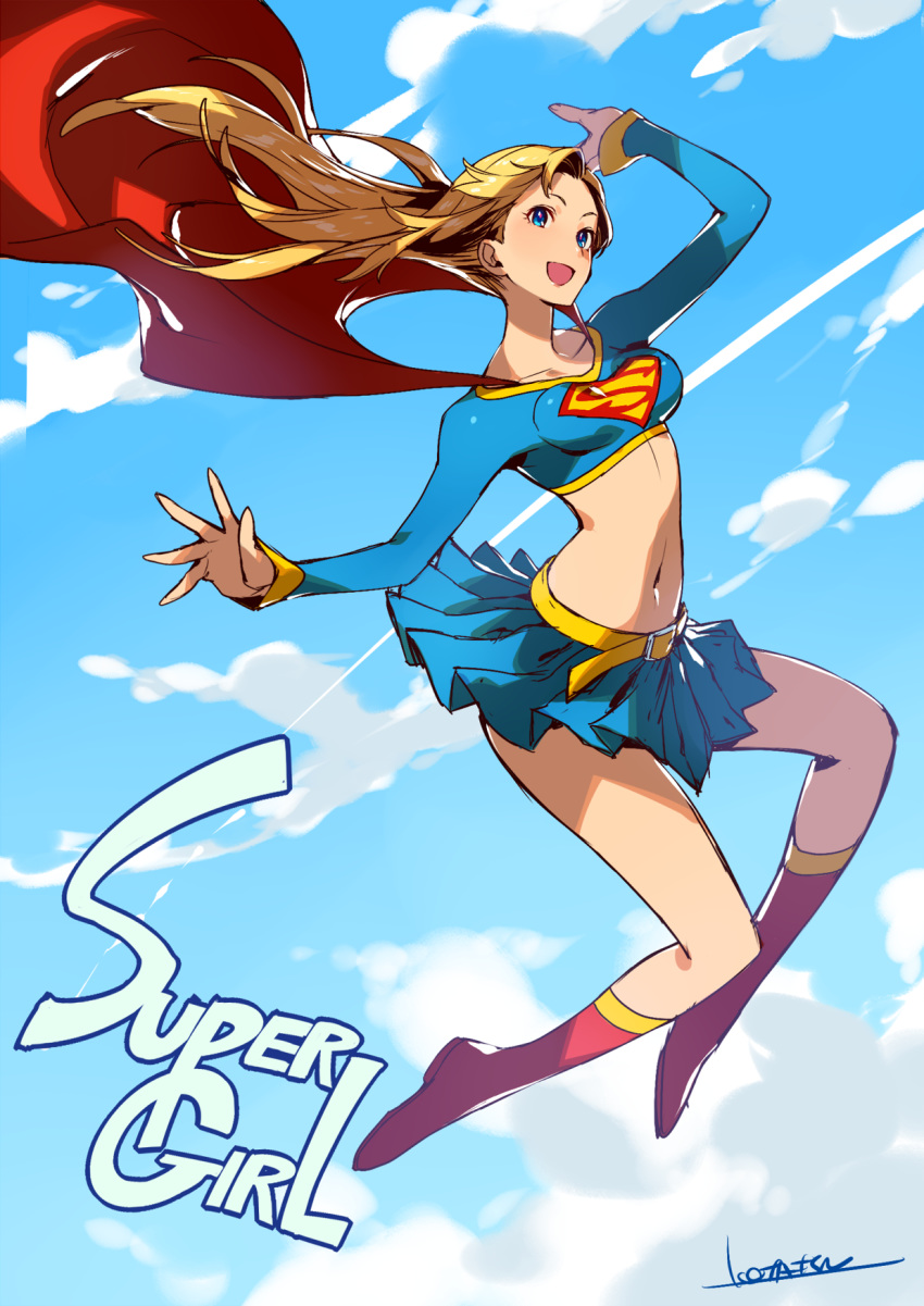 :d belt blonde_hair blue_eyes blue_skirt boots breasts cape character_name commentary_request condensation_trail crop_top dc_comics flying highres kotatsu_(g-rough) long_hair long_sleeves looking_at_viewer medium_breasts midriff miniskirt navel open_mouth pleated_skirt red_cape red_footwear signature skirt smile solo stomach supergirl superman_(series)