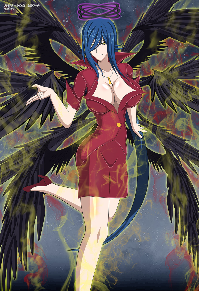 aura bird_wings black_wings blue_background blue_hair breasts cleavage commentary_request double_halo feathered_wings hair_between_eyes hair_over_one_eye halo high_heels high_school_dxd highres jewelry kalawarner large_breasts long_hair multiple_wings necklace smile solo thighhighs very_long_hair wings yellow_eyes yxyyxy