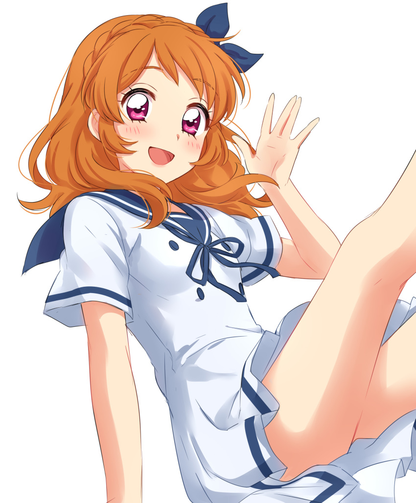 :d aikatsu! aikatsu!_(series) bangs bare_arms bare_legs blue_bow blue_ribbon blue_sailor_collar blush bow dress eyebrows_visible_through_hair feet_out_of_frame hair_bow hand_up highres looking_at_viewer medium_hair oozora_akari open_mouth orange_hair pink_eyes ribbon sailor_collar sailor_dress sekina short_sleeves simple_background sitting smile solo waving white_background white_dress