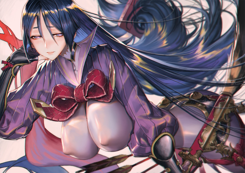 arm_guards bodysuit breasts commentary_request covered_nipples fate/grand_order fate_(series) hand_on_own_cheek large_breasts long_hair low-tied_long_hair minamoto_no_raikou_(fate/grand_order) purple_bodysuit purple_eyes purple_hair shaliva sheath sheathed solo very_long_hair weapon