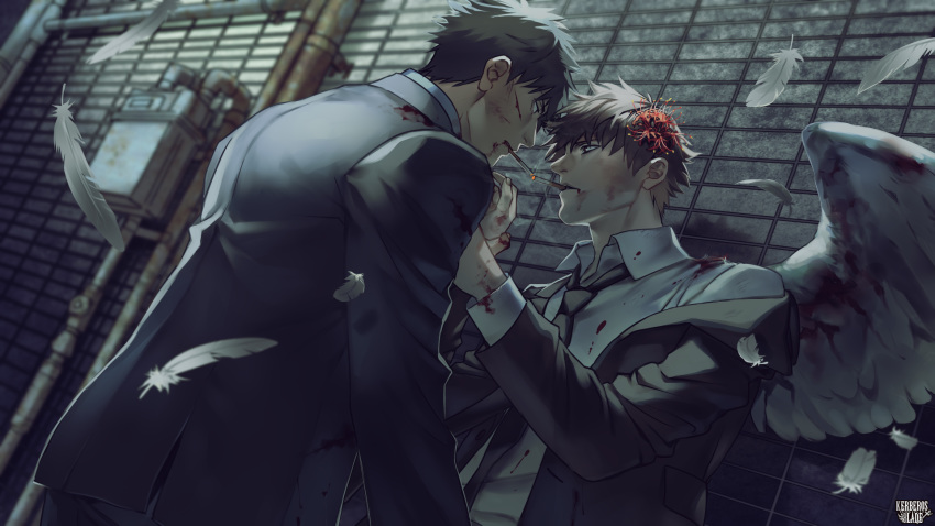 angel_wings black_hair black_neckwear black_suit blood brown_hair cigarette cigarette_kiss eye_contact flower formal hair_flower hair_ornament highres kerberos_blade looking_at_another male_focus multiple_boys official_art otani_(gloria) pipes shirt smoking standing suit white_feathers white_shirt wings wrist_grab