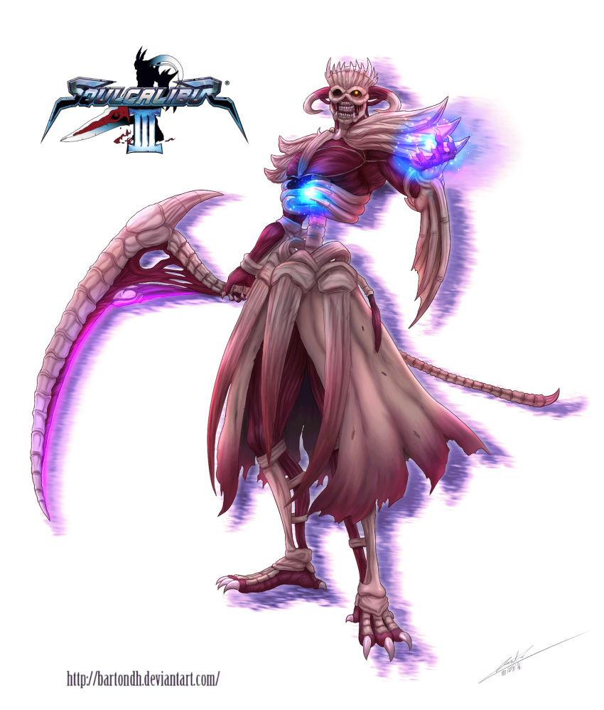 anyss_(soul_calibur) bartondh bone cloak clothing glowing glowing_eyes melee_weapon monster polearm purple_skin scythe skeleton soul_calibur video_games weapon