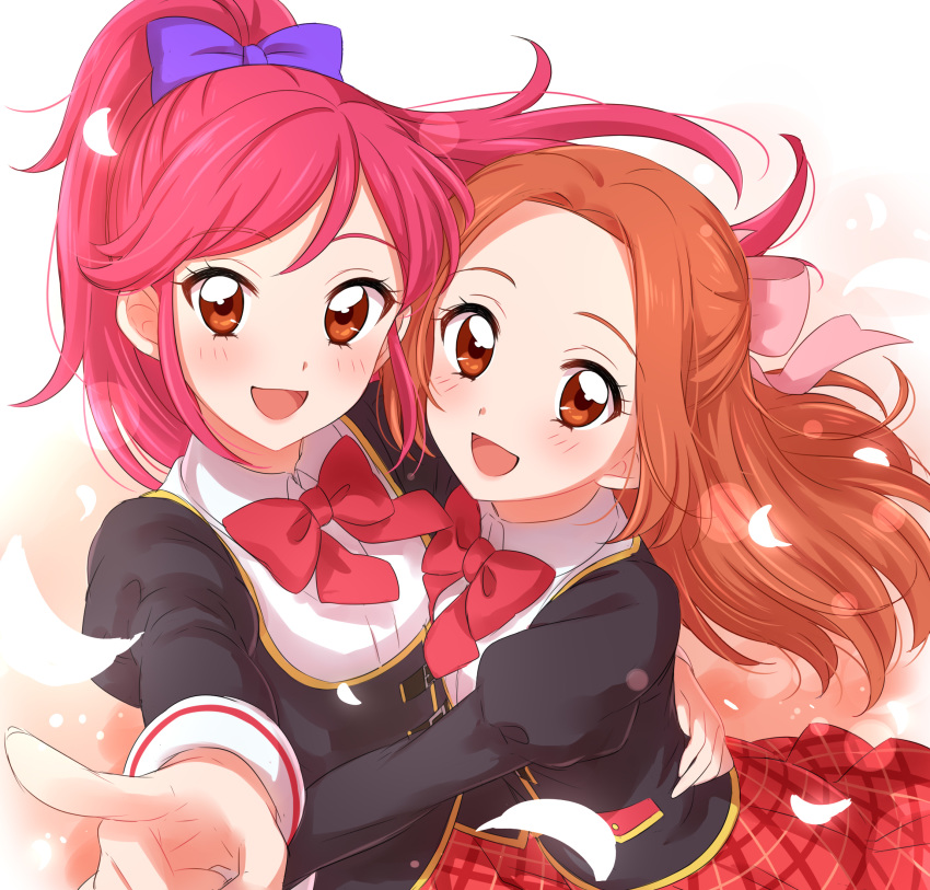 :d aikatsu! aikatsu!_(series) blue_bow blush bow bowtie brown_hair collared_shirt dream_academy_uniform eyebrows_visible_through_hair fingernails hair_bow hair_ribbon highres hug juliet_sleeves long_sleeves looking_at_viewer multiple_girls open_mouth otoshiro_noel otoshiro_seira pink_hair pink_ribbon plaid plaid_skirt pleated_skirt pointing pointing_at_viewer ponytail puffy_sleeves red_eyes red_neckwear red_skirt ribbon school_uniform sekina shirt siblings sisters skirt smile white_shirt wing_collar