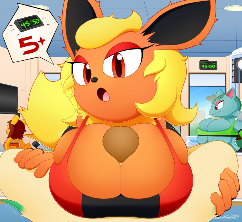 2018 anthro big_breasts breasts clothing eeveelution erection eyelashes eyeshadow female first_person_view flareon hair huge_breasts looking_at_viewer makeup male male/female male_pov nintendo open_mouth penis pikachu pok&eacute;mon pok&eacute;mon_(species) sex shirt slickehedge sweat tank_top titfuck titfuck_under_clothes top venusaur video_games