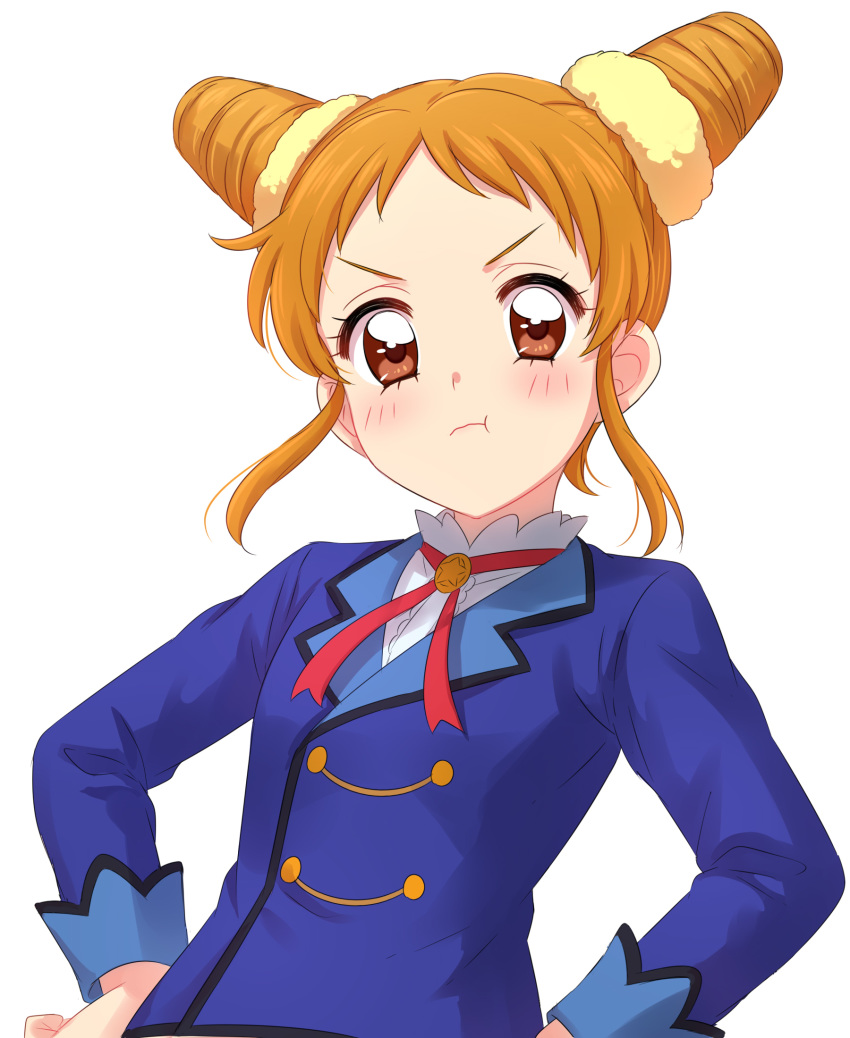 :t aikatsu! aikatsu!_(series) arisugawa_otome blouse blue_jacket blush closed_mouth double_bun frown hands_on_hips highres jacket looking_at_viewer orange_eyes pout school_uniform sekina short_hair simple_background solo standing starlight_academy_uniform upper_body v-shaped_eyebrows white_background white_blouse