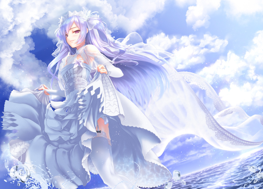 ajax_(azur_lane) alternate_costume alternate_hairstyle arm_ribbon ass azur_lane bangs blush breasts bridal_veil bride choker cleavage closed_mouth collar collarbone commentary_request day detached_sleeves dress dress_lift eyebrows_visible_through_hair floating_hair flower frills garter_straps gizensha gloves hair_ornament hairclip highres jewelry layered_dress lifted_by_self light_particles long_hair looking_at_viewer medium_breasts ocean outdoors purple_hair red_eyes ribbon ring see-through_sleeves smile solo splashing thighhighs thighs twisted_torso two_side_up veil water water_drop wedding_band wedding_dress white_dress white_flower white_legwear wind wind_lift