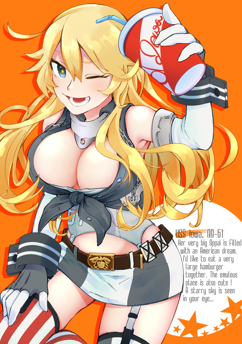 1girl absurdres belt_buckle blonde_hair blue_eyes breasts buckle commentary_request cowboy_shot cup disposable_cup elbow_gloves english_text fingerless_gloves front-tie_top garter_straps gloves hair_between_eyes highres iowa_(kantai_collection) kaisenniku_udon kantai_collection large_breasts miniskirt mismatched_legwear open_mouth orange_background skirt smile solo star star-shaped_pupils striped striped_legwear symbol-shaped_pupils teeth thighhighs tumbler vertical-striped_legwear vertical_stripes
