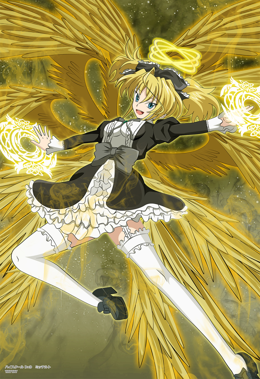 angel_wings aura bird_wings blonde_hair blue_eyes bow breasts center_frills commentary_request double_halo dress feathered_wings frilled_dress frills garter_straps gothic_lolita hair_bow halo high_school_dxd highres lolita_fashion magic_circle mittelt multiple_wings open_mouth short_hair small_breasts smile solo twintails white_legwear wings yellow_background yellow_wings yxyyxy