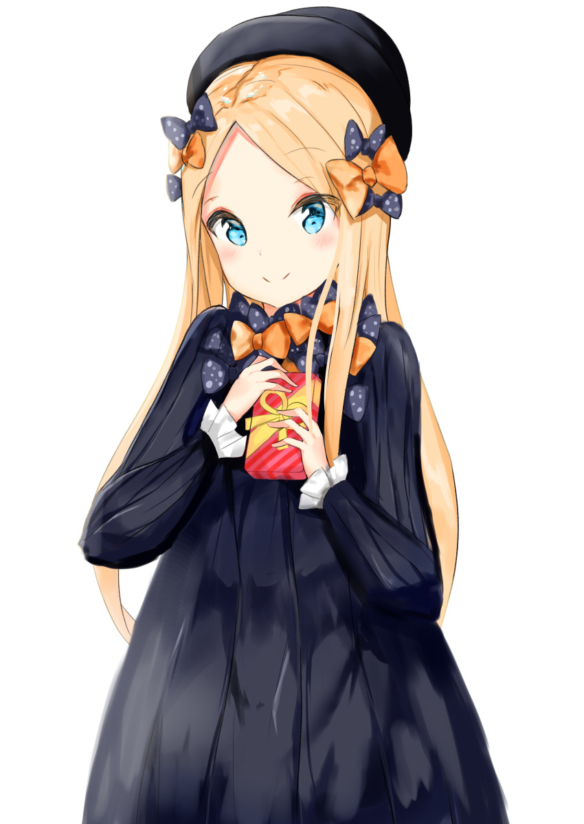1girl abigail_williams_(fate/grand_order) absurdres bangs black_bow black_dress black_hat blonde_hair blue_eyes blush bow box closed_mouth commentary_request dress eyebrows_visible_through_hair fate/grand_order fate_(series) forehead gift gift_box hair_bow hat highres holding holding_gift long_hair long_sleeves orange_bow parted_bangs polka_dot polka_dot_bow simple_background sleeves_past_wrists smile solo valentine very_long_hair white_background yukaa