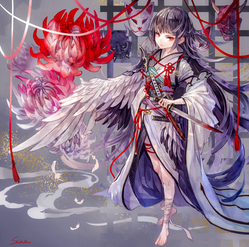 bandaged_leg bandages bangs barefoot black_hair blood bloody_weapon detached_sleeves feathered_wings feathers flower highres holding holding_weapon japanese_clothes kimono long_hair long_sleeves mask md5_mismatch obi orange_eyes original red_eyes red_flower sash senano-yu sheath single_wing solo spider_lily standing very_long_hair weapon white_flower white_kimono wide_sleeves wings