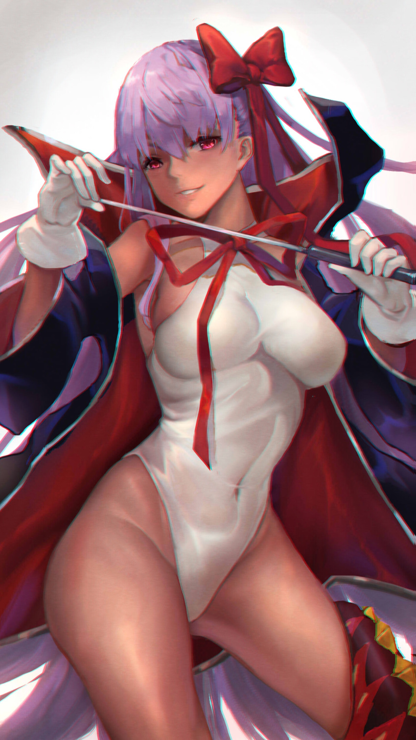 absurdres ass_visible_through_thighs bb_(fate)_(all) bb_(swimsuit_mooncancer)_(fate) bow cape chromatic_aberration chromatic_aberration_abuse commentary contrapposto covered_navel fate/grand_order fate_(series) gloves hair_bow highleg highleg_leotard highres leotard long_hair pantie_painting purple_hair red_bow red_eyes see-through smirk solo wide_sleeves