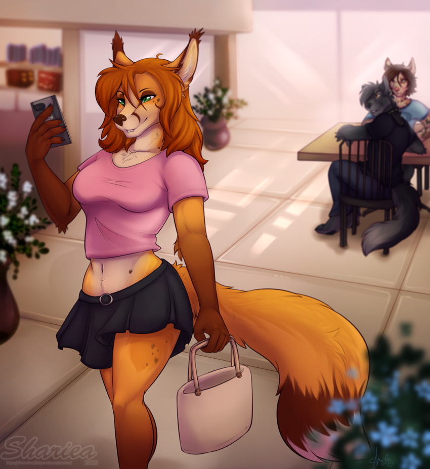 anthro canine cellphone chair clothed clothing dipstick_tail ear_tuft female flower fox green_eyes hair holding_object inside long_hair mammal multicolored_tail navel phone plant purse red_fox shariea shirt sitting skirt solo_focus standing table tuft window wolf