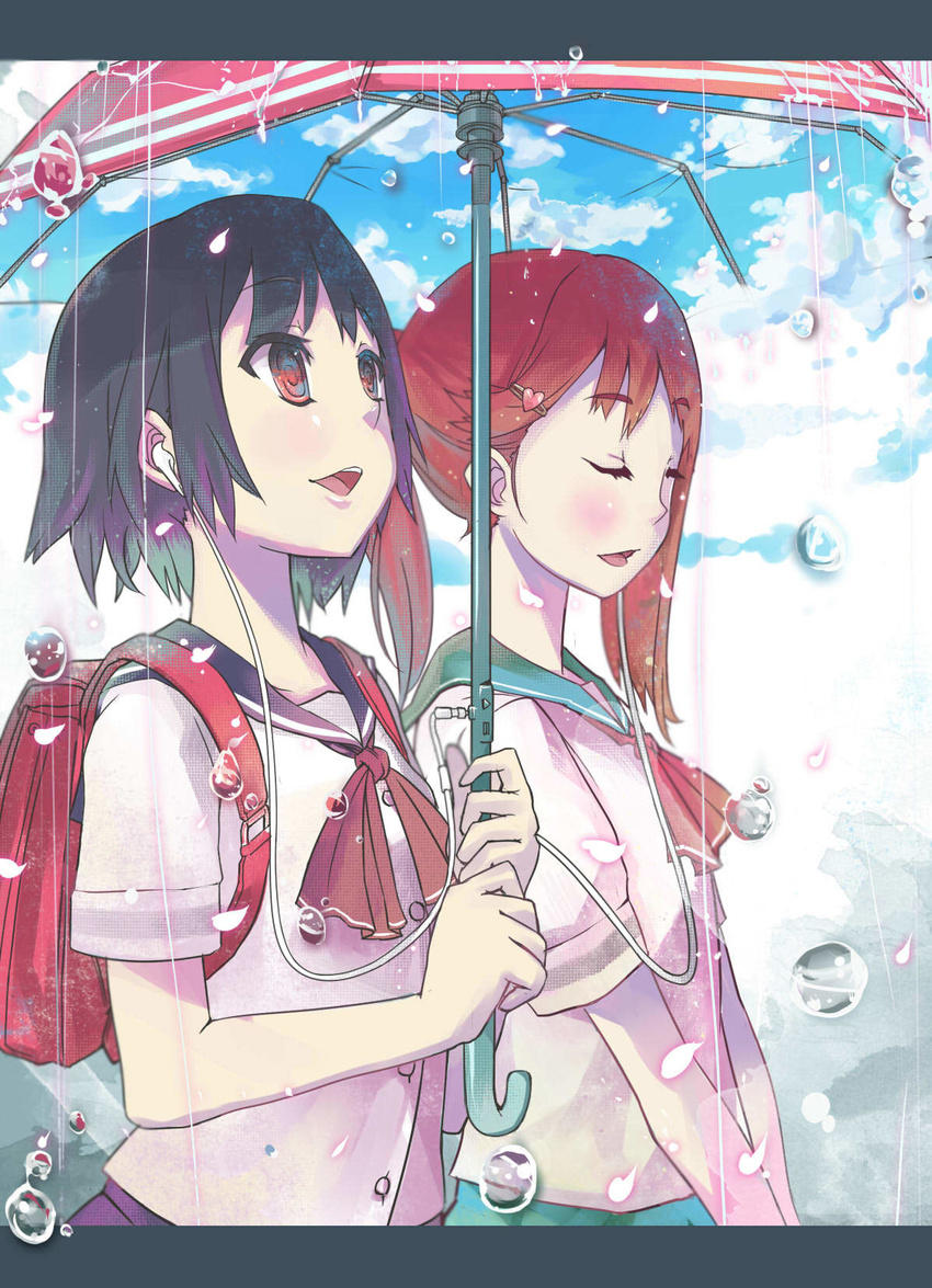 backpack bad_id bad_pixiv_id bag black_hair blush chanchan cherry_blossoms closed_eyes cloud day earphones hair_ornament hairpin highres holding holding_umbrella letterboxed multiple_girls open_mouth original petals rain randoseru red_hair ringed_eyes school_uniform serafuku shared_earphones shared_umbrella short_hair sky sky_print umbrella upper_body water_drop