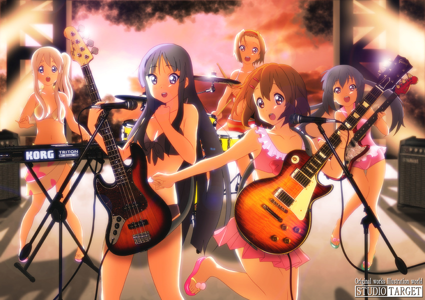 akiyama_mio bad_id bad_pixiv_id band bass_guitar bikini black_hair blonde_hair bloom brown_eyes brown_hair drum drumsticks electric_guitar fender fender_mustang frills front-tie_top gibson guitar hairband hirasawa_yui instrument jazz_bass k-on! keyboard_(instrument) kotobuki_tsumugi legs les_paul long_hair multiple_girls nakano_azusa pink_eyes purple_eyes swimsuit synthesizer tainaka_ritsu twintails wan-taka