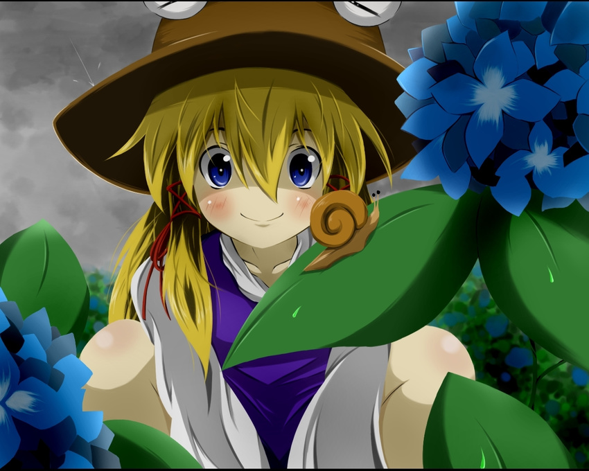 blonde_hair blue_eyes blush cloud flower fumi_(fumifumi-graffiti) hair_ribbon hat hydrangea long_hair moriya_suwako nature no_nose rain ribbon smile snail solo squatting touhou