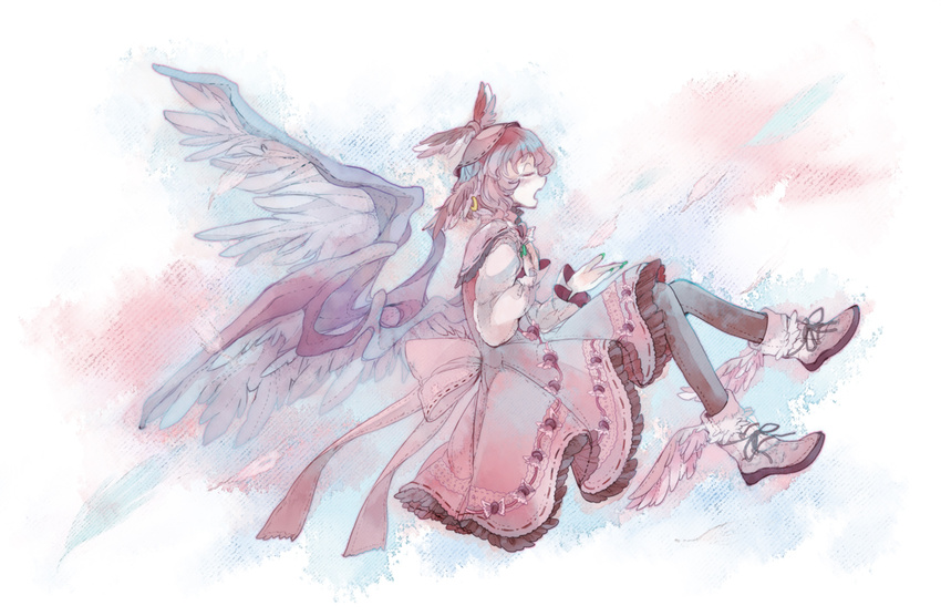 bad_id bad_pixiv_id bow chachi_(azuzu) closed_eyes dress earrings floating green_nails hat jewelry large_bow music mystia_lorelei nail_polish open_mouth pink_hair profile shoes short_hair singing solo touhou winged_shoes wings