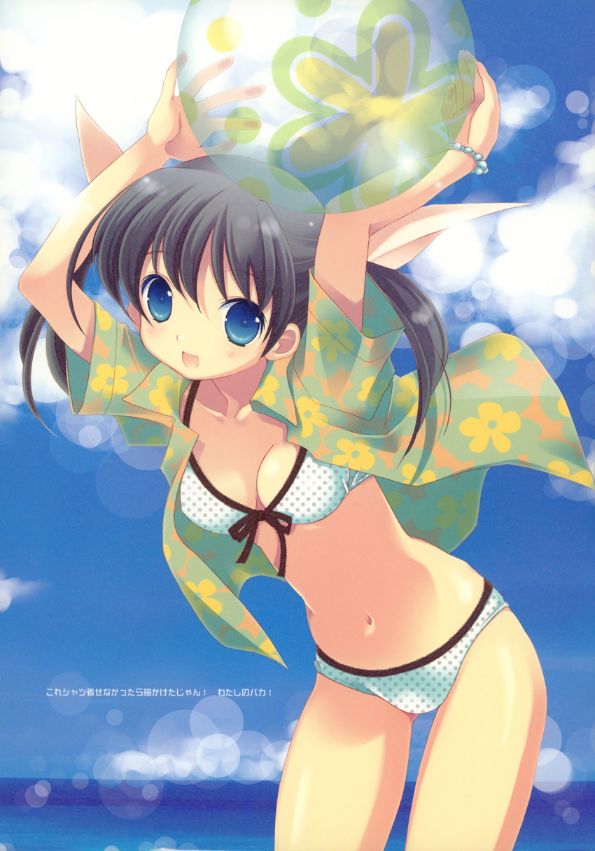 absurdres ball beachball bikini black_hair blue_eyes copyright_request front-tie_top highres leaning_forward open_clothes open_shirt polka_dot polka_dot_bikini polka_dot_swimsuit shirt short_hair solo swimsuit tokumi_yuiko twintails