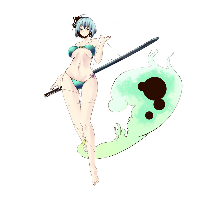 bad_anatomy bad_perspective barefoot bikini breasts curvy flower from_below full_body highres katana konpaku_youmu konpaku_youmu_(ghost) legs long_legs medium_breasts navel o-ring o-ring_top older shinoi simple_background solo strapless swimsuit sword touhou underboob weapon wide_hips