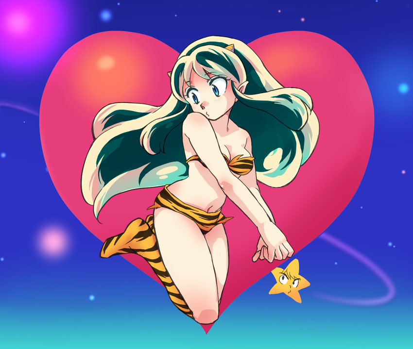 80s animal_print blue_eyes boots green_hair heart highres horns knee_boots long_hair lum maru-sima navel oldschool pointy_ears solo star tiger_print urusei_yatsura