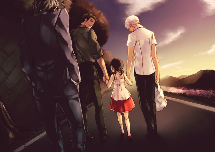 3boys adachi_tooru arms_at_sides bag bare_arms bare_shoulders black_footwear black_hair black_pants black_shirt brown_hair child collared_shirt cousins doujima_nanako doujima_ryoutarou dress dutch_angle facial_hair facing_away father_and_daughter formal from_behind grey_hair hands_in_pockets holding holding_bag holding_hands kneehighs light_smile long_sleeves looking_down looking_up low_twintails multiple_boys narukami_yuu outdoors pants persona persona_4 plastic_bag red_footwear retaining_wall road saeuchobab shirt shoes short_sleeves sky sleeveless sleeveless_dress sleeves_folded_up street stubble suit summer_uniform twintails walking white_hair white_legwear