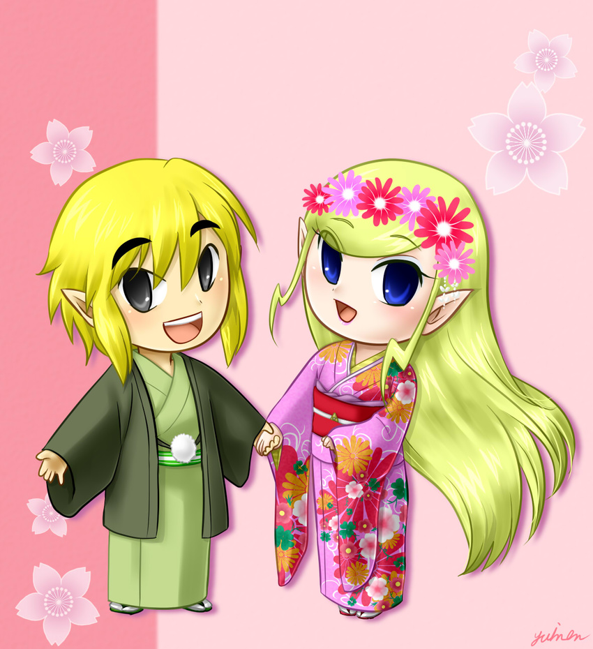 1girl blonde_hair blue_eyes chibi couple flower hair_flower hair_ornament hetero highres holding_hands japanese_clothes kimono link lipstick long_hair makeup new_year pointy_ears princess_zelda the_legend_of_zelda toon_link very_long_hair yuino_(fancy_party)