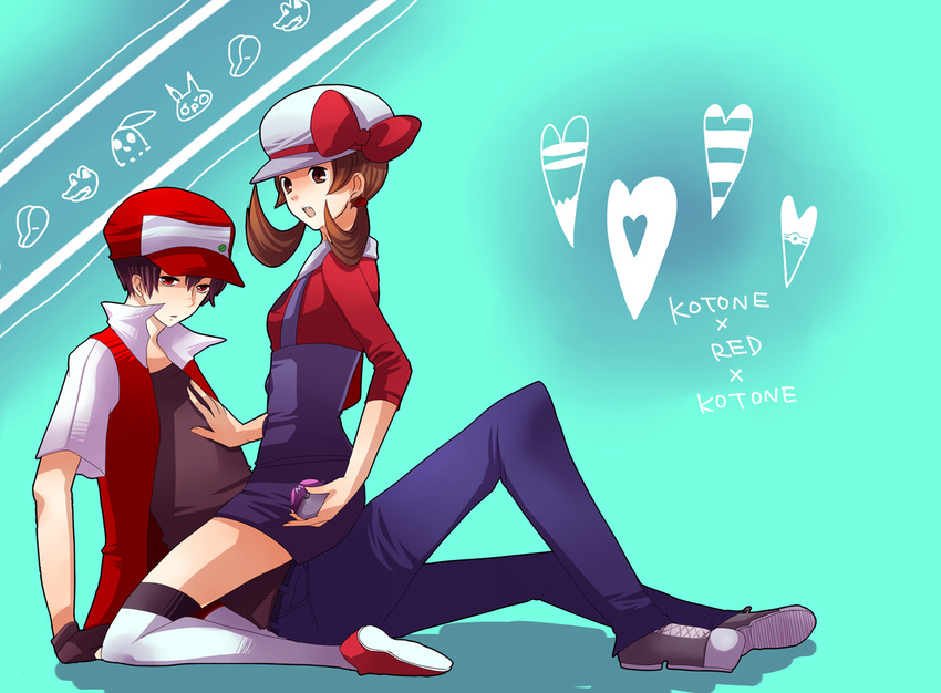 1girl bad_id bad_pixiv_id baseball_cap black_hair brown_eyes brown_hair couple girl_on_top hat hat_ribbon heart hetero holding holding_poke_ball kotone_(pokemon) master_ball overalls pixiv_red poke_ball pokemon pokemon_(game) pokemon_hgss rahiko red_(pokemon) red_(pokemon_rgby) red_eyes red_ribbon ribbon short_twintails thighhighs twintails