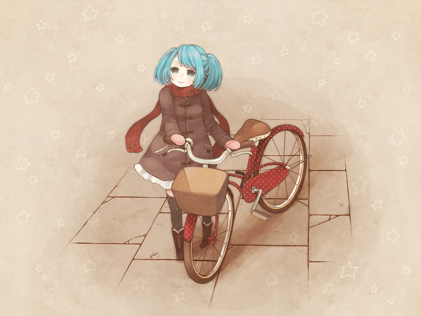 alternate_costume asahi_(pamuko) bad_id bad_pixiv_id bangs bicycle bicycle_basket blue_eyes blue_hair boots coat full_body ground_vehicle hatsune_miku long_sleeves mayonaka_no_rigel_(vocaloid) pavement polka_dot print_legwear red_scarf scarf short_hair short_twintails solo standing star swept_bangs thighhighs twintails vocaloid winter_clothes zettai_ryouiki