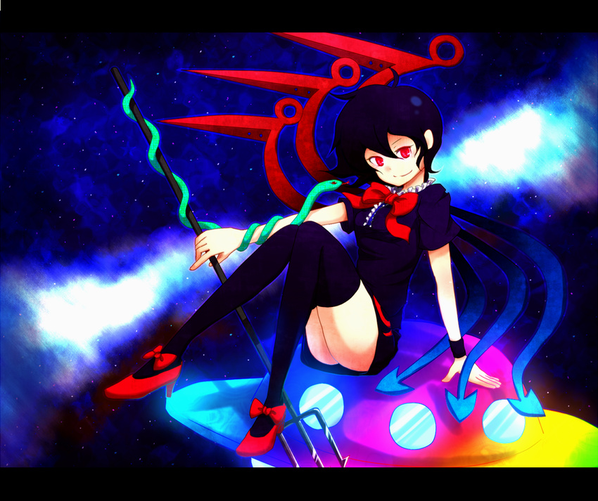 asymmetrical_wings black_hair black_legwear houjuu_nue legs nagihara_rion polearm red_eyes short_hair sitting snake solo thighhighs touhou trident ufo weapon wings zettai_ryouiki