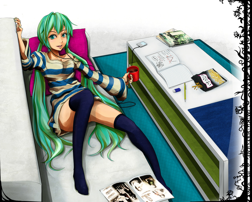 book couch cup digital_media_player dress earbuds earphones eraser food green_eyes green_hair hatsune_miku indoors ipod kinoukyouasita long_hair lying mug notebook pencil solo sweater sweater_dress thighhighs twintails very_long_hair vocaloid