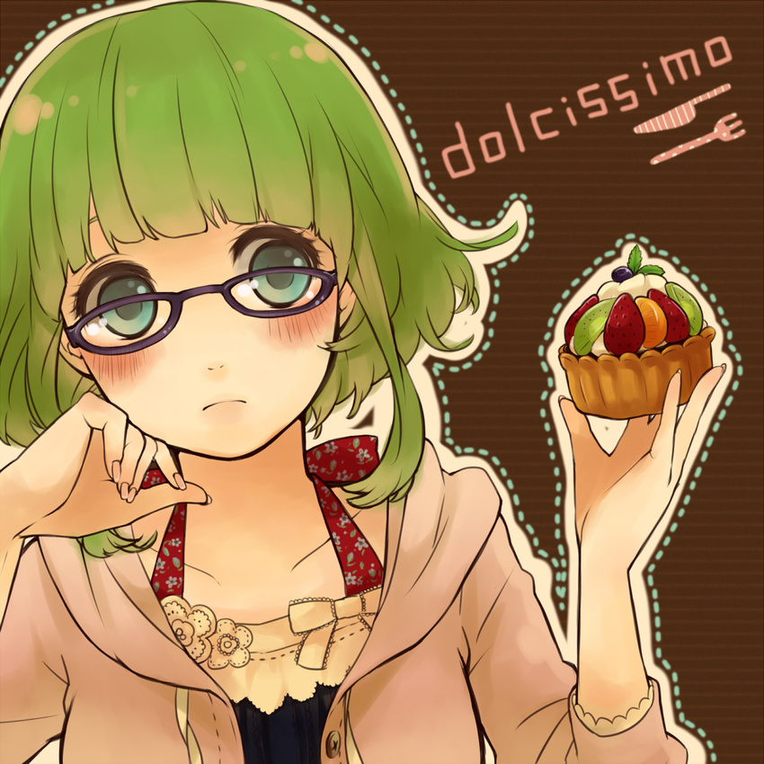 aqua_eyes bad_id bad_pixiv_id bespectacled blush booota cake casual food fruit glasses green_hair gumi highres holding short_hair solo strawberry vocaloid